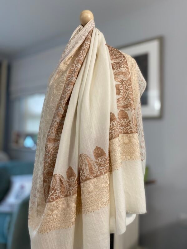 Wool Silk Shawl Embroidered Creamy White Lightweight Stole - Image 3