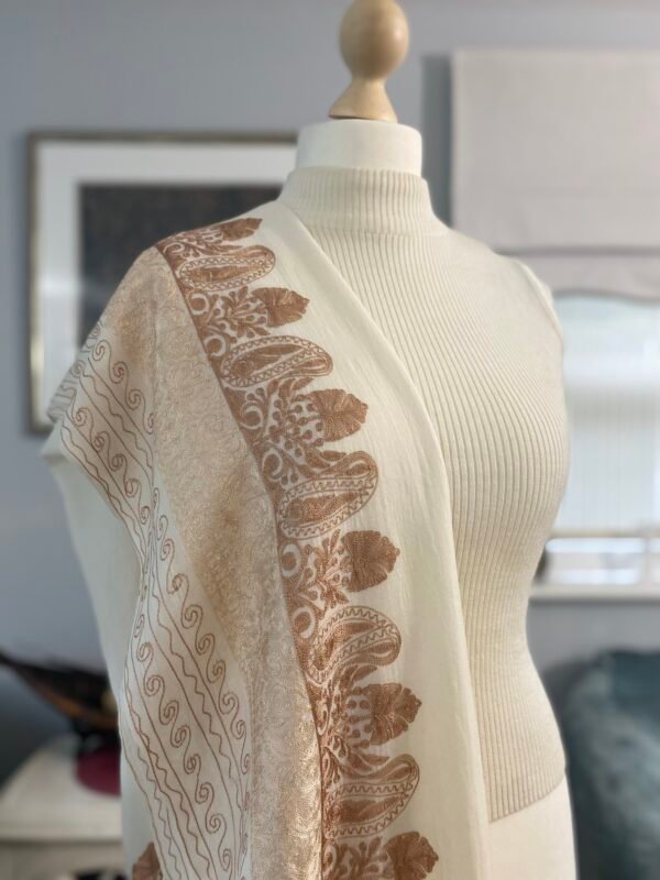 Wool Silk Shawl Embroidered Creamy White Lightweight Stole - Image 8