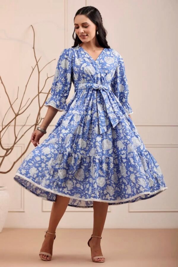 Tiered Summer Dress-Blue White Pure Cotton Floral Block Print Midi