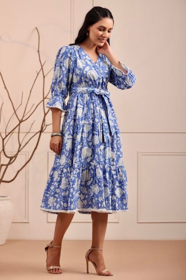 Tiered Summer Dress-Blue White Pure Cotton Floral Block Print Midi - Image 4