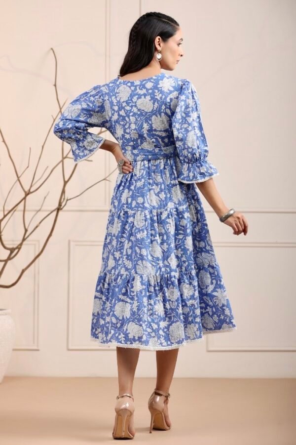 Tiered Summer Dress-Blue White Pure Cotton Floral Block Print Midi - Image 5