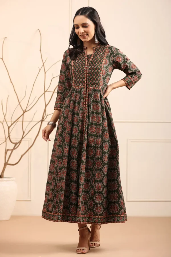 Layered Long dress-Block Print Pure Cotton-Green