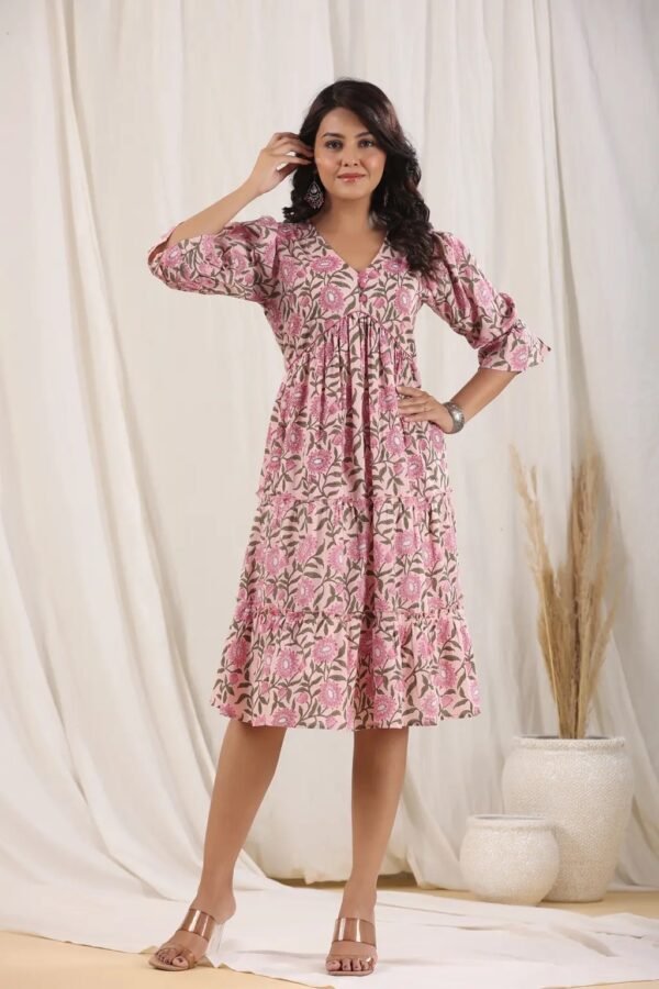 Tiered Dress-Pink Pure Cotton Floral Block Print Casual Midi dress - Image 6