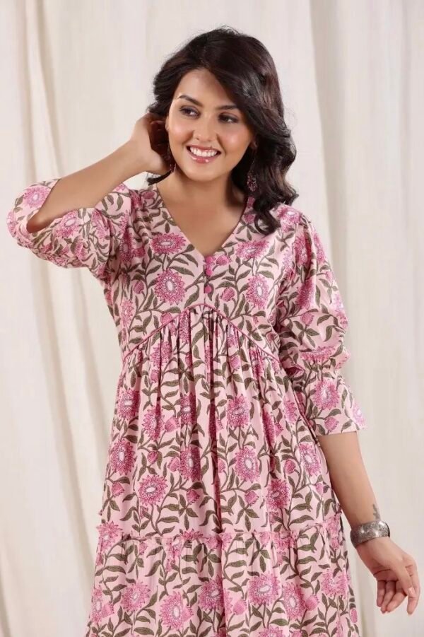 Tiered Dress-Pink Pure Cotton Floral Block Print Casual Midi dress - Image 7