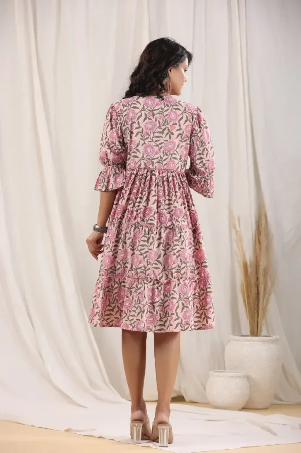 Tiered Dress-Pink Pure Cotton Floral Block Print Casual Midi dress - Image 5