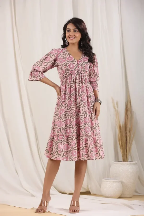 Tiered Dress-Pink Pure Cotton Floral Block Print Casual Midi dress - Image 4