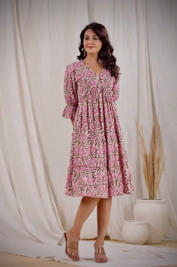 Tiered Dress-Pink Pure Cotton Floral Block Print Casual Midi dress - Image 3