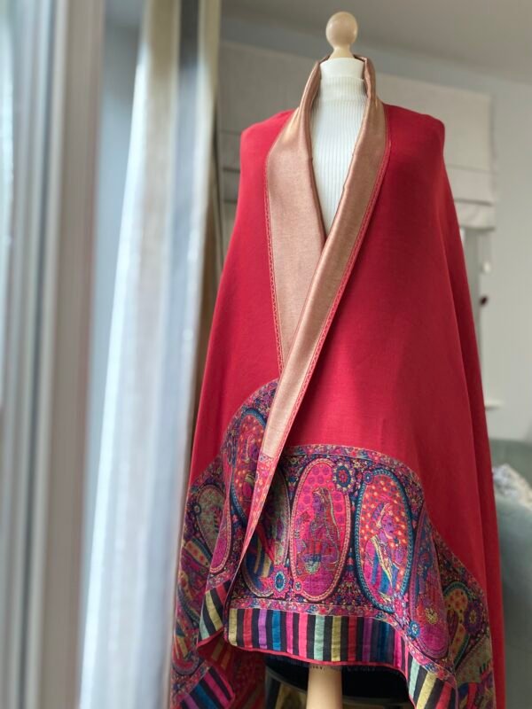 Antique Brass Reversible Pashmina-Red Heritage Kani Border Winter wrap