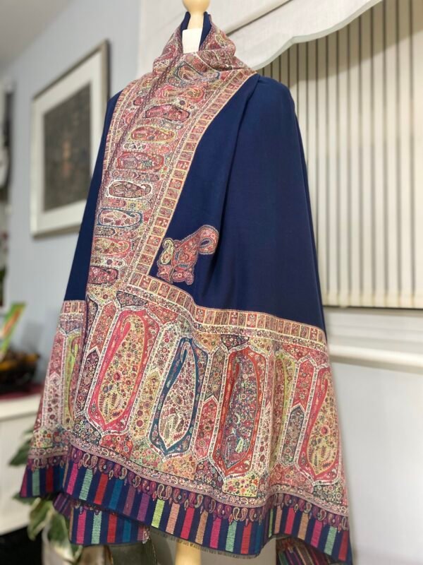 Luxury Wool Shawl-Blue Paisley Kani Border Winter Wrap - Image 5