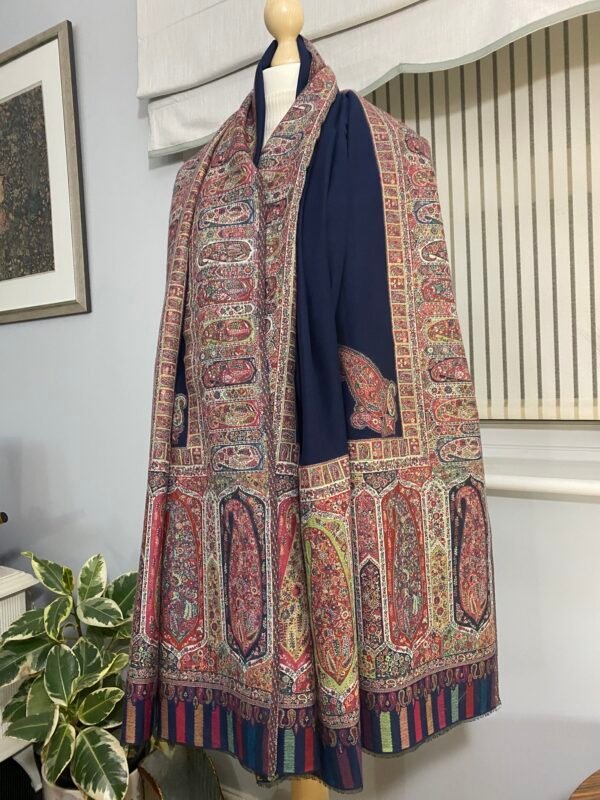 Luxury Wool Shawl-Blue Paisley Kani Border Winter Wrap - Image 3