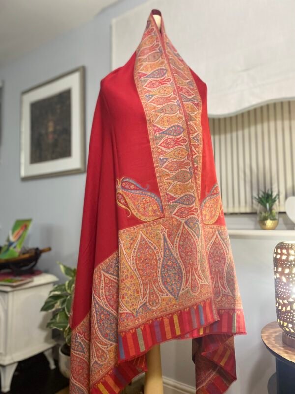 Luxury Wool Shawl-Red Paisley Kani Border Winter Wrap - Image 6