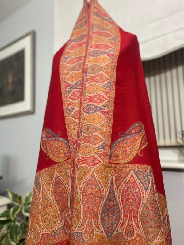 Luxury Wool Shawl-Red Paisley Kani Border Winter Wrap - Image 2