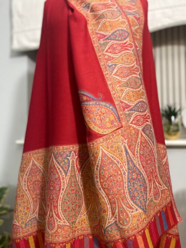 Luxury Wool Shawl-Red Paisley Kani Border Winter Wrap - Image 3