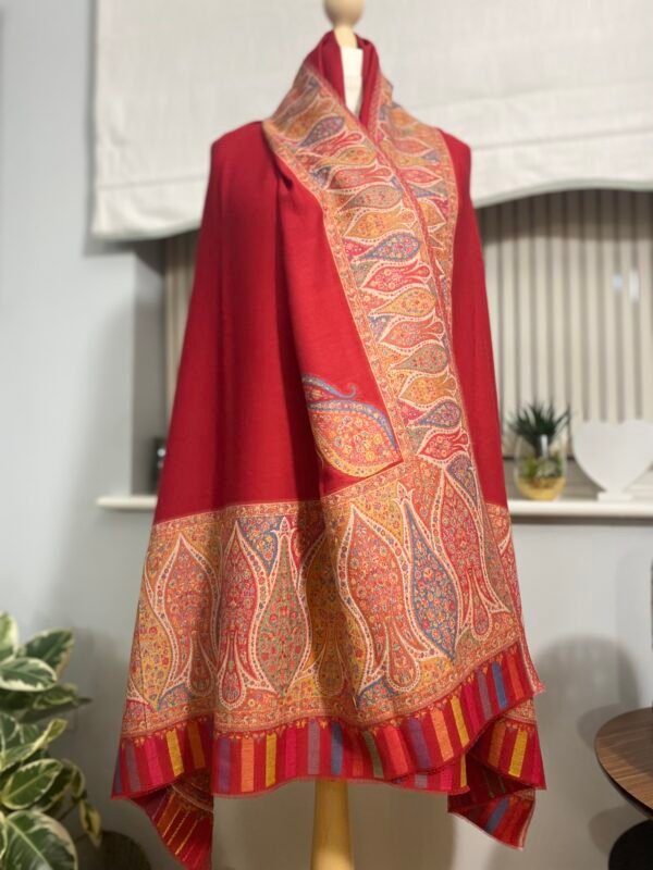 Luxury Wool Shawl-Red Paisley Kani Border Winter Wrap