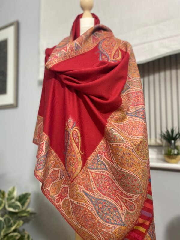 Luxury Wool Shawl-Red Paisley Kani Border Winter Wrap - Image 8