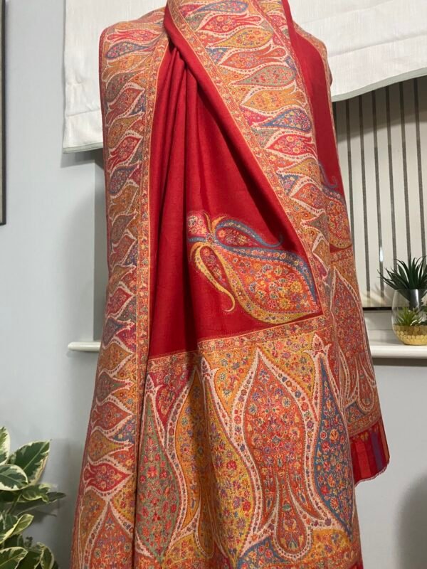 Luxury Wool Shawl-Red Paisley Kani Border Winter Wrap - Image 4