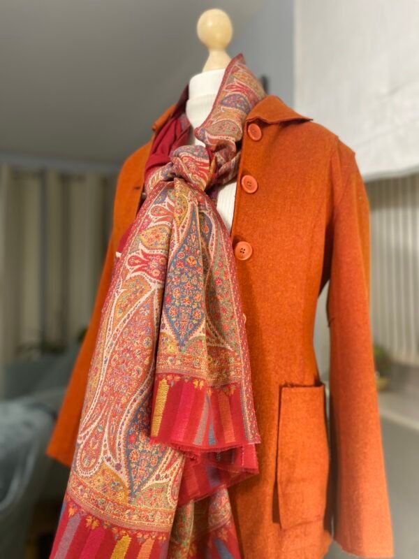 Luxury Wool Shawl-Red Paisley Kani Border Winter Wrap - Image 5