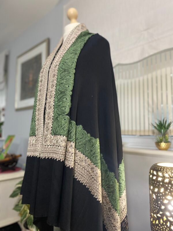 Wool Silk Shawl -Black Embroidered Lightweight Stole - Image 9