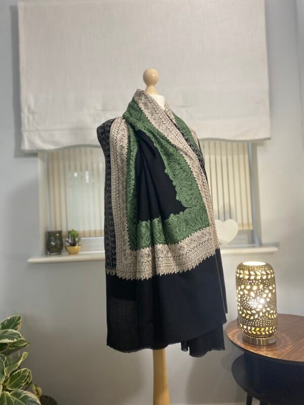 Wool Silk Shawl -Black Embroidered Lightweight Stole - Image 6