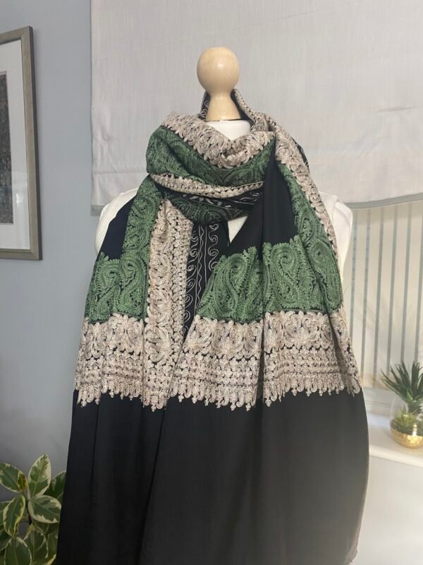 Wool Silk Shawl -Black Embroidered Lightweight Stole - Image 4