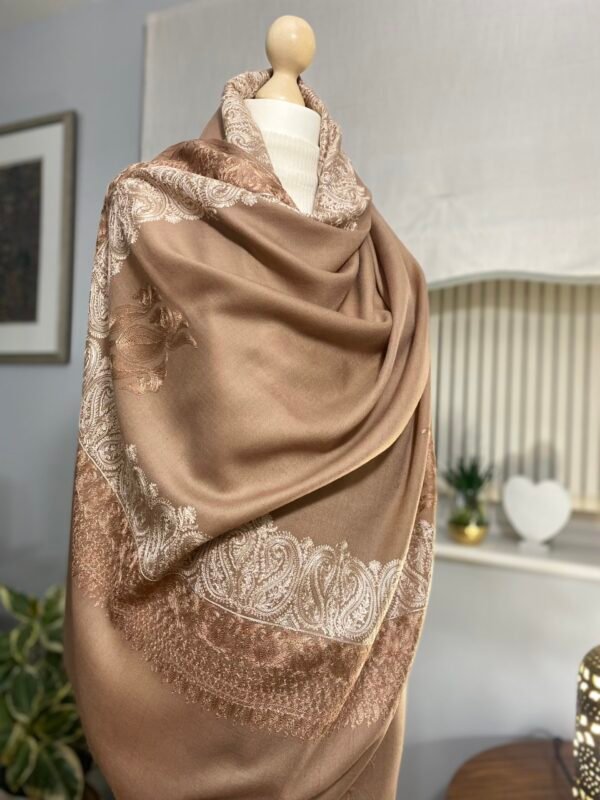 Wool Silk Shawl-Embroidered Brown Lightweight Stole