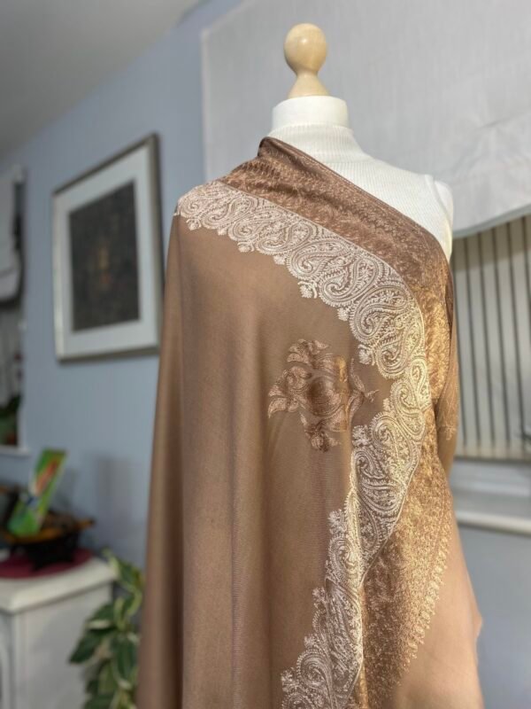 Wool Silk Shawl-Embroidered Brown Lightweight Stole - Image 3