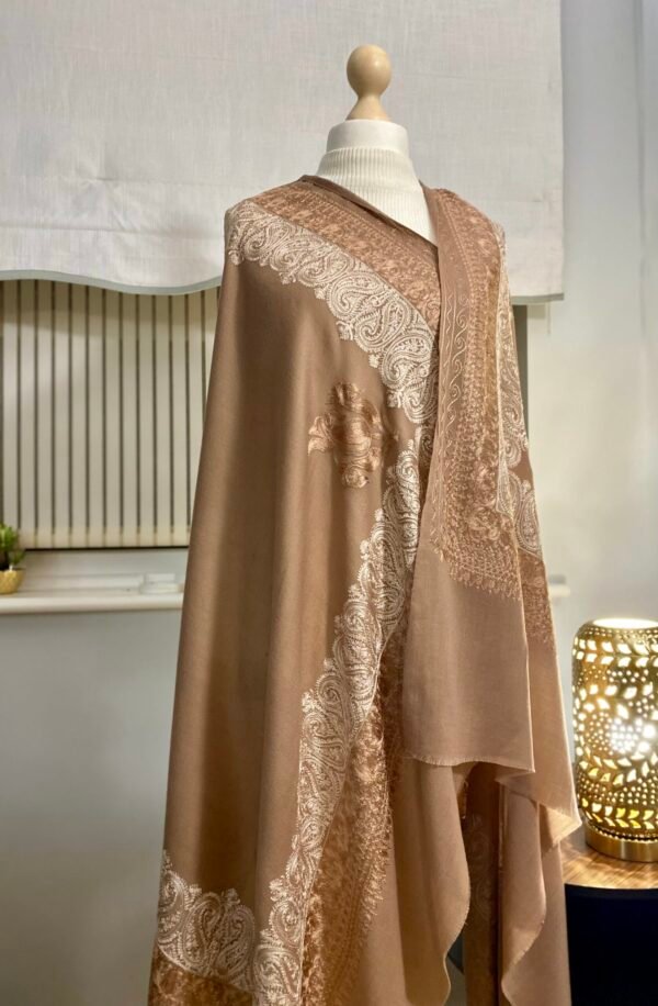 Wool Silk Shawl-Embroidered Brown Lightweight Stole - Image 2