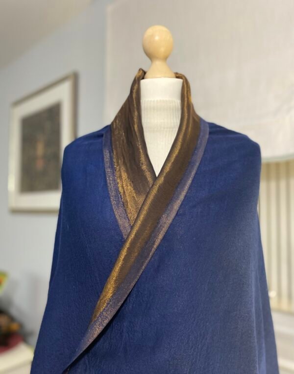 Reversible Fine Wool Shawl-Blue Antique Gold Pashmina - Image 8