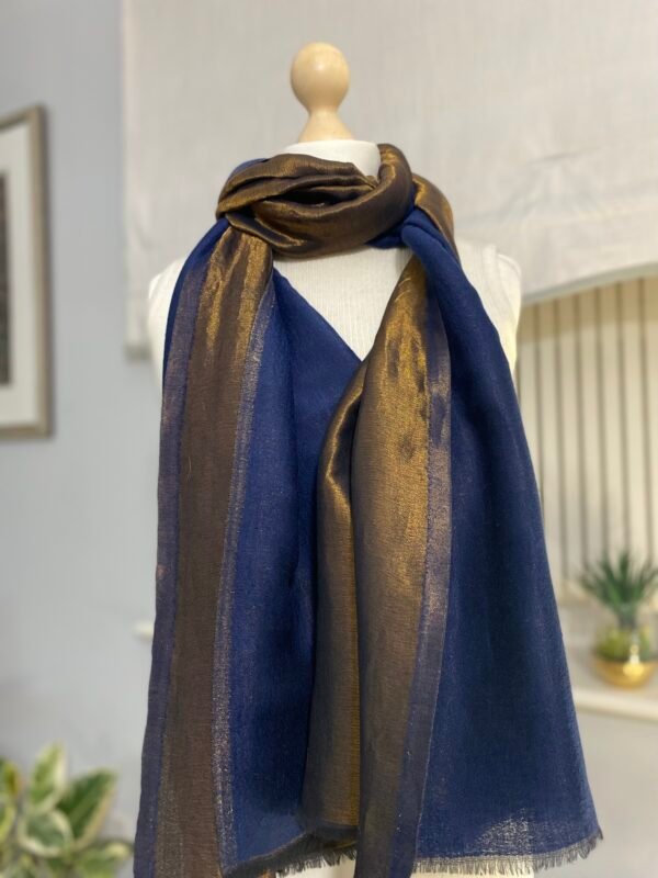 Reversible Fine Wool Shawl-Blue Antique Gold Pashmina - Image 7