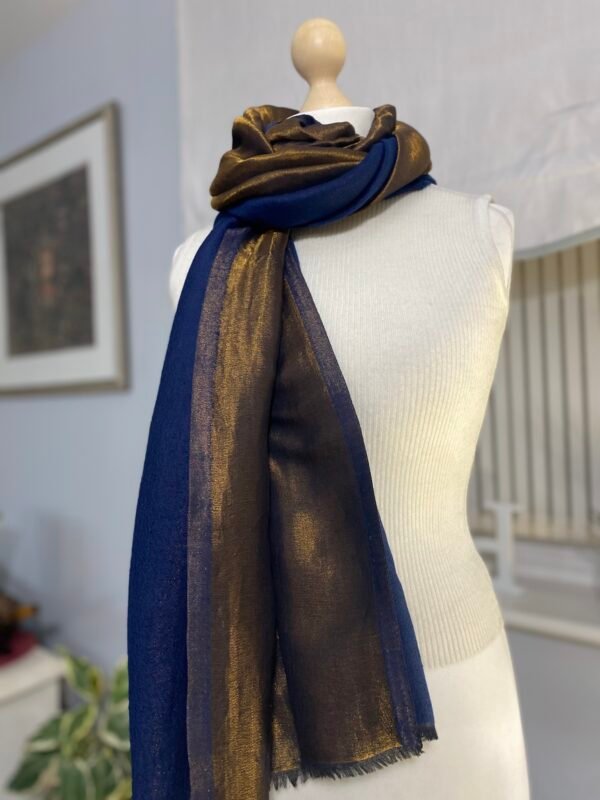 Reversible Fine Wool Shawl-Blue Antique Gold Pashmina - Image 6