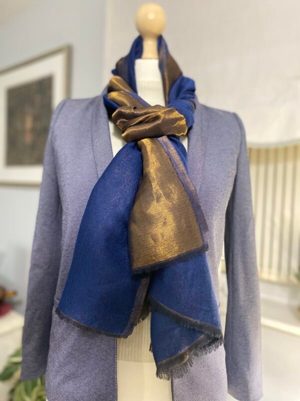 Reversible Fine Wool Shawl-Blue Antique Gold Pashmina - Image 5