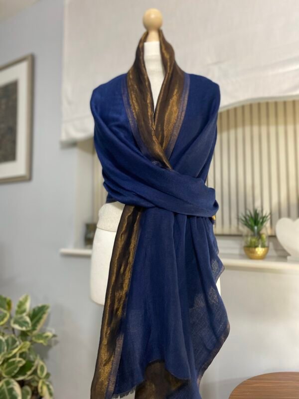 Reversible Fine Wool Shawl-Blue Antique Gold Pashmina - Image 3