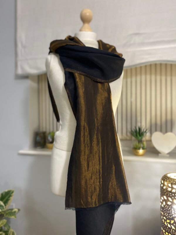 Reversible Fine Wool Shawl-Black-Antique Gold - Image 8