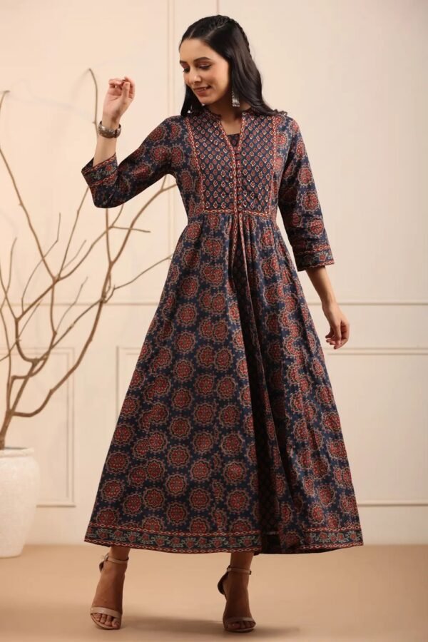 Layered Long dress-Block Print Pure Cotton-Blue - Image 6