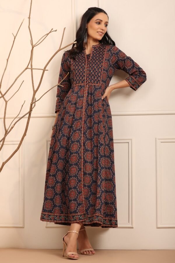 Layered Long dress-Block Print Pure Cotton-Blue - Image 4