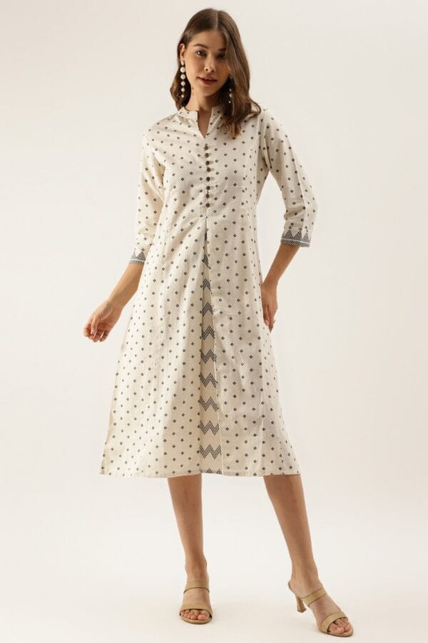 Handwoven Pure Cotton A-Line Dress-Off-White Midi-Pocket