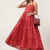 red tiered halter neck dress-smocked back hand block print pure cotton