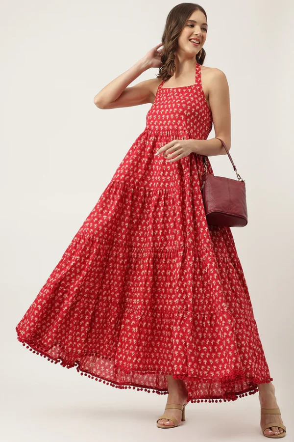 Red Tiered Halter Neck dress-Smocked Back Hand Block Print Pure Cotton
