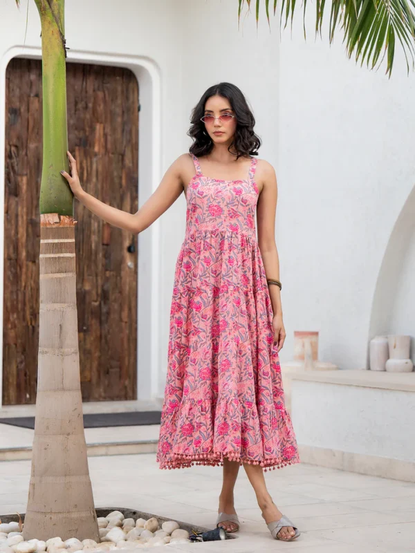 Floral Pink Tiered Sundress in 100% Cotton Block Print-Smocked Back - Image 6