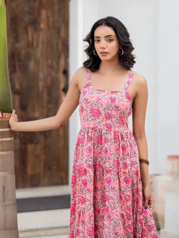 Floral Pink Tiered Sundress in 100% Cotton Block Print-Smocked Back - Image 5