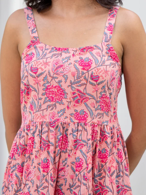 Floral Pink Tiered Sundress in 100% Cotton Block Print-Smocked Back - Image 2