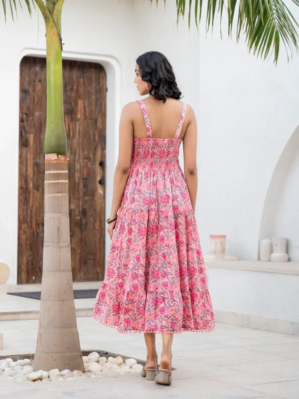 Floral Pink Tiered Sundress in 100% Cotton Block Print-Smocked Back - Image 4