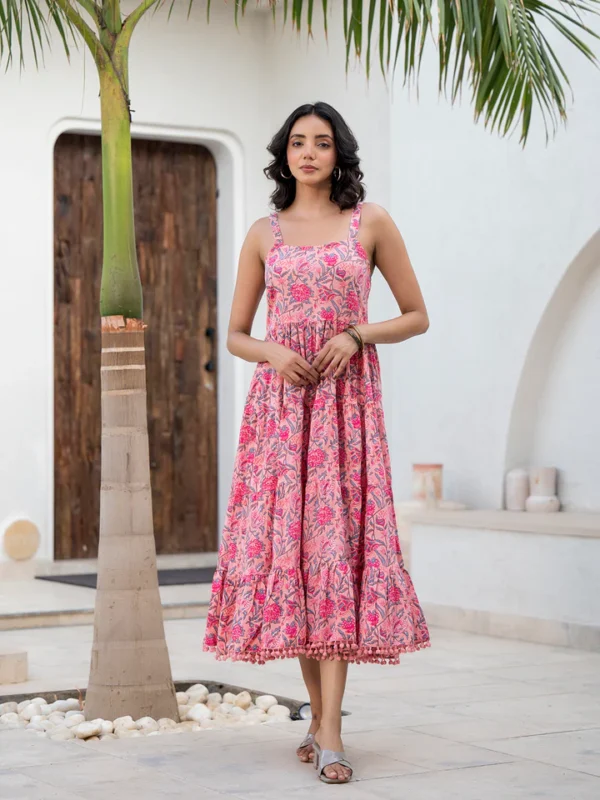 Floral Pink Tiered Sundress in 100% Cotton Block Print-Smocked Back - Image 7