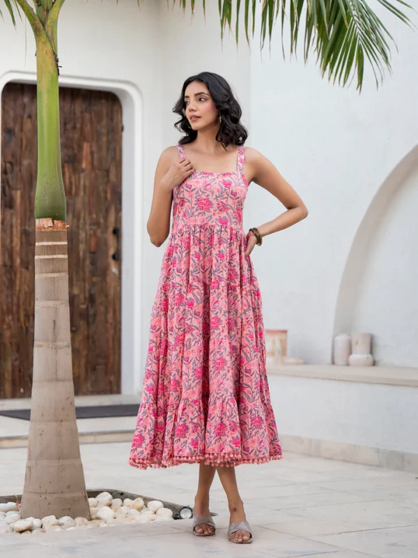 Floral Pink Tiered Sundress in 100% Cotton Block Print-Smocked Back - Image 3