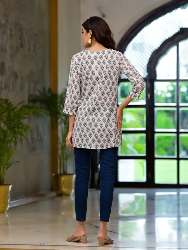 Hand Block Print V-Neck Tunic-100% Cotton Pink Floral Top - Image 7