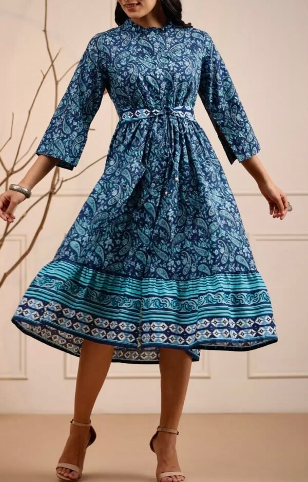 Tiered Midi Dress-Blue Pure Cotton Paisley Print Summer dress