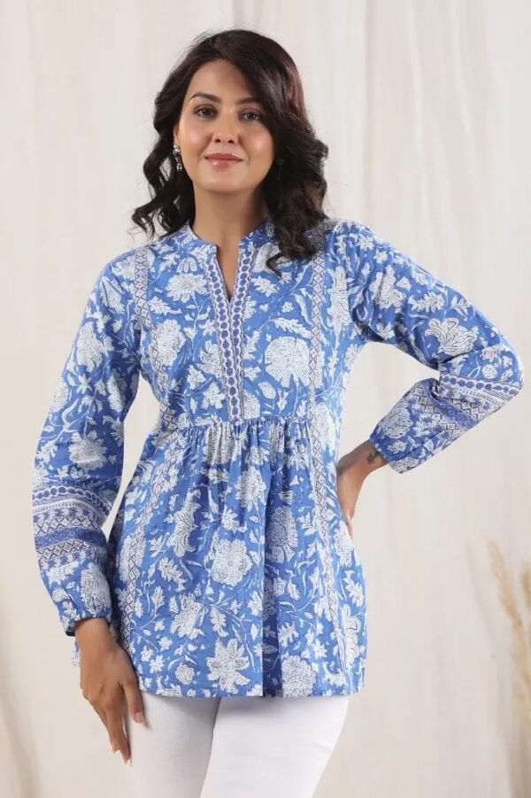 Floral Block Print Tunic-Pure Cotton Boho Top - Image 2