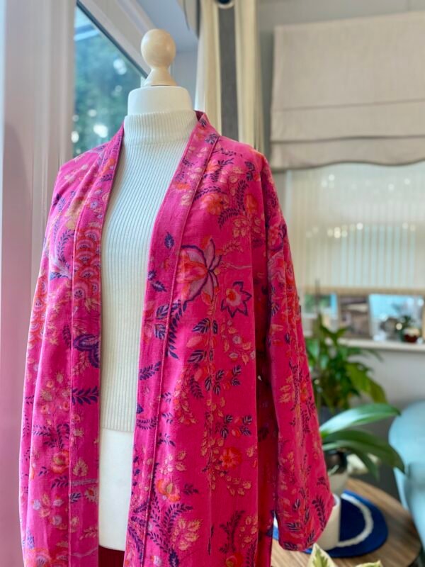 Cotton Velvet Robe, Pink Botanical Print Dressing Gown - Image 3