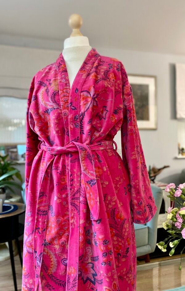 Cotton Velvet Robe, Pink Botanical Print Dressing Gown - Image 4