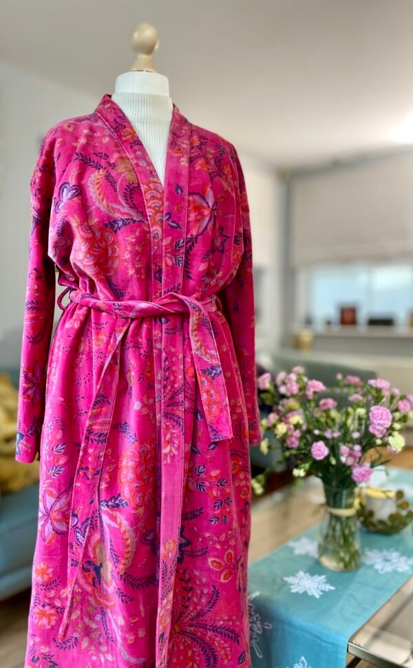 Cotton Velvet Robe, Pink Botanical Print Dressing Gown